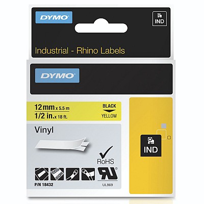Dymo   Rhino Label IND, Vinyl 12 mm x 5,5 m black to yellow